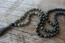 Load image into Gallery viewer, 108 beads, Hand knotted Yoga Mala,Lava stone, AA grade Rainbow Labradorite, Royal Obsidian AA grade. Handmade Long Tassel. Vegan mala