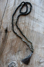 Load image into Gallery viewer, 108 beads, Hand knotted Yoga Mala,Lava stone, AA grade Rainbow Labradorite, Royal Obsidian AA grade. Handmade Long Tassel. Vegan mala