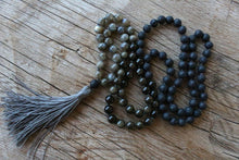 Load image into Gallery viewer, 108 beads, Hand knotted Yoga Mala,Lava stone, AA grade Rainbow Labradorite, Royal Obsidian AA grade. Handmade Long Tassel. Vegan mala