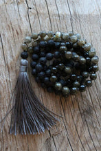 Load image into Gallery viewer, 108 beads, Hand knotted Yoga Mala,Lava stone, AA grade Rainbow Labradorite, Royal Obsidian AA grade. Handmade Long Tassel. Vegan mala