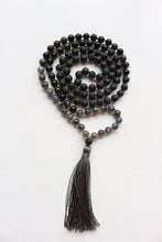Load image into Gallery viewer, 108 beads, Hand knotted Yoga Mala,Lava stone, AA grade Rainbow Labradorite, Royal Obsidian AA grade. Handmade Long Tassel. Vegan mala