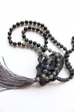 Load image into Gallery viewer, 108 beads, Hand knotted Yoga Mala,Lava stone, AA grade Rainbow Labradorite, Royal Obsidian AA grade. Handmade Long Tassel. Vegan mala