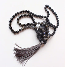 Load image into Gallery viewer, 108 beads, Hand knotted Yoga Mala,Lava stone, AA grade Rainbow Labradorite, Royal Obsidian AA grade. Handmade Long Tassel. Vegan mala