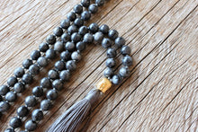 Load image into Gallery viewer, 108 Mala Black Labradorite, Buddha's head Long Tassel, Hand knotted Necklace, Vegan Mala