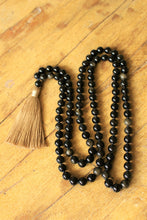Load image into Gallery viewer, 108 Mala Black Golden Obsidian Mala, Royal Obsidian Yoga Necklace, Meditation Prayers Beads, Handmade Cotton Tassel. Vegan Unisex Mala.