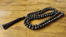 Load image into Gallery viewer, 108 Mala Black Labradorite, Buddha's head Long Tassel, Hand knotted Necklace, Vegan Mala