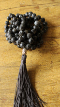 Load image into Gallery viewer, 108 Mala Black Labradorite, Buddha's head Long Tassel, Hand knotted Necklace, Vegan Mala