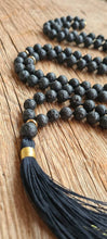 Load image into Gallery viewer, 108 Mala Black Lava Stone, Yoga Spiritual Necklace, Bohemian Long Tassel Necklace, Grounding Mala, Spiritual Jewelry