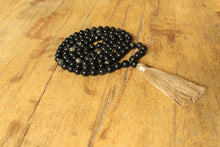 Load image into Gallery viewer, 108 Mala Black Golden Obsidian Mala, Royal Obsidian Yoga Necklace, Meditation Prayers Beads, Handmade Cotton Tassel. Vegan Unisex Mala.