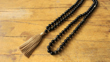 Load image into Gallery viewer, 108 Mala Black Golden Obsidian Mala, Royal Obsidian Yoga Necklace, Meditation Prayers Beads, Handmade Cotton Tassel. Vegan Unisex Mala.