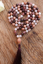 Load image into Gallery viewer, 108 Mala Moonstone Raspberry Quartz Lace Agate Garnet Handmade Boho Tassel Necklace. Handmade Yoga Sacred Jewelry. Yoga gift for her.