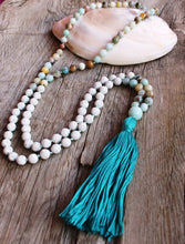 Load image into Gallery viewer, 108 beads lovingly hand-knotted mala. Made of white Lava stone, Amazonite and Love.