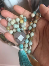 Load image into Gallery viewer, Amazonite, faceted Agate heart 108 Mala, Boho Necklace