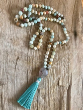Load image into Gallery viewer, Amazonite, faceted Agate heart 108 Mala, Boho Necklace