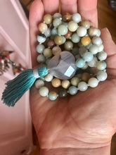 Load image into Gallery viewer, Amazonite, faceted Agate heart 108 Mala, Boho Necklace