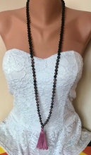 Load image into Gallery viewer, Pink Black Rhodonite and Lava Stone Mala. Hand knotted 108 beads Mala, Handmade Cotton Tassel. Vegan necklace .