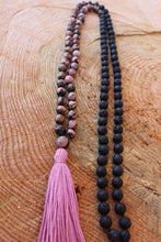 Load image into Gallery viewer, Pink Black Rhodonite and Lava Stone Mala. Hand knotted 108 beads Mala, Handmade Cotton Tassel. Vegan necklace .