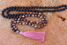 Load image into Gallery viewer, Pink Black Rhodonite and Lava Stone Mala. Hand knotted 108 beads Mala, Handmade Cotton Tassel. Vegan necklace .