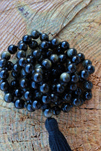 Load image into Gallery viewer, 108 Black Golden Obsidian Mala, Top quality beads, Royal Obsidian , Cotton Tassel. Vegan Unisex Mala.