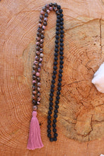 Load image into Gallery viewer, Pink Black Rhodonite and Lava Stone Mala. Hand knotted 108 beads Mala, Handmade Cotton Tassel. Vegan necklace .