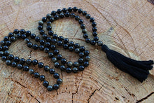 Load image into Gallery viewer, 108 Black Golden Obsidian Mala, Top quality beads, Royal Obsidian , Cotton Tassel. Vegan Unisex Mala.