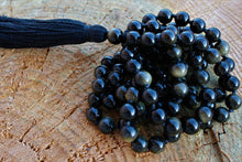 Load image into Gallery viewer, 108 Black Golden Obsidian Mala, Top quality beads, Royal Obsidian , Cotton Tassel. Vegan Unisex Mala.