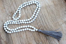 Load image into Gallery viewer, 108 faceted Howlite Mala necklace. Long Tassel Vegan mala.