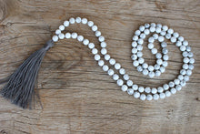 Load image into Gallery viewer, 108 faceted Howlite Mala necklace. Long Tassel Vegan mala.