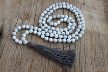 Load image into Gallery viewer, 108 faceted Howlite Mala necklace. Long Tassel Vegan mala.