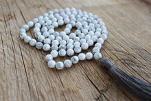 Load image into Gallery viewer, 108 faceted Howlite Mala necklace. Long Tassel Vegan mala.