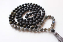 Load image into Gallery viewer, 108 beads, Hand knotted Yoga Mala,Lava stone, AA grade Rainbow Labradorite, Royal Obsidian AA grade. Handmade Long Tassel. Vegan mala