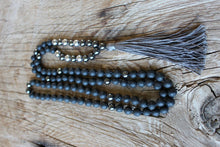 Load image into Gallery viewer, 108 beads, Hand-knotted Yoga Mala, Lava stone, Hematite Mala. Handmade Long Tassel. Vegan mala.
