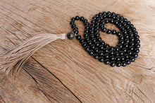 Load image into Gallery viewer, 108 Black Onyx, Royal Golden Obsidian Mala. Long Tassel. Vegan Mala.