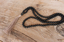 Load image into Gallery viewer, 108 Black Onyx, Royal Golden Obsidian Mala. Long Tassel. Vegan Mala.