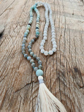 Load image into Gallery viewer, 108 Amazonite, Rainbow Labradorite, White Quartz lovingly hand knotted Yoga Mala. Long Tassel. Vegan mala.