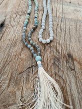 Load image into Gallery viewer, 108 Amazonite, Rainbow Labradorite, White Quartz lovingly hand knotted Yoga Mala. Long Tassel. Vegan mala.