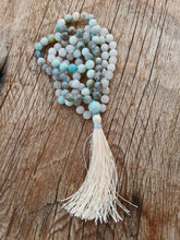 Load image into Gallery viewer, 108 Amazonite, Rainbow Labradorite, White Quartz lovingly hand knotted Yoga Mala. Long Tassel. Vegan mala.
