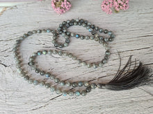 Load image into Gallery viewer, 108 Rainbow Labradorite Mala Necklace, AA grade Mala Beads, Long VeganTassel Mala, Hand knotted Men Necklace, Yoga gift for Her