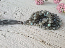 Load image into Gallery viewer, 108 Rainbow Labradorite Mala Necklace, AA grade Mala Beads, Long VeganTassel Mala, Hand knotted Men Necklace, Yoga gift for Her