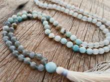 Load image into Gallery viewer, 108 Amazonite, Rainbow Labradorite, White Quartz lovingly hand knotted Yoga Mala. Long Tassel. Vegan mala.