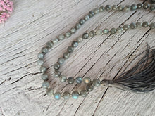 Load image into Gallery viewer, 108 Rainbow Labradorite Mala Necklace, AA grade Mala Beads, Long VeganTassel Mala, Hand knotted Men Necklace, Yoga gift for Her
