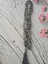 Load image into Gallery viewer, 108 Rainbow Labradorite Mala Necklace, AA grade Mala Beads, Long VeganTassel Mala, Hand knotted Men Necklace, Yoga gift for Her