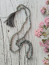 Load image into Gallery viewer, 108 Rainbow Labradorite Mala Necklace, AA grade Mala Beads, Long VeganTassel Mala, Hand knotted Men Necklace, Yoga gift for Her