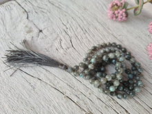 Load image into Gallery viewer, 108 Rainbow Labradorite Mala Necklace, AA grade Mala Beads, Long VeganTassel Mala, Hand knotted Men Necklace, Yoga gift for Her