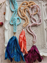 Load image into Gallery viewer, Boho Sari Silk- Long Tassel Necklaces. Hand-knotted 108 beads Boho Yoga Mala.