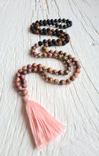 Load image into Gallery viewer, 108 Jasper, Rhodonite, Black and Brown Rudraksha, Lava Stone Yoga Mala. Meditation necklace. Yoga gifts for,Boho Style Necklace, Vegan mala.