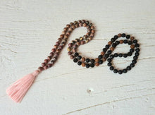Load image into Gallery viewer, 108 Jasper, Rhodonite, Black and Brown Rudraksha, Lava Stone Yoga Mala. Meditation necklace. Yoga gifts for,Boho Style Necklace, Vegan mala.
