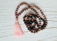 Load image into Gallery viewer, 108 Jasper, Rhodonite, Black and Brown Rudraksha, Lava Stone Yoga Mala. Meditation necklace. Yoga gifts for,Boho Style Necklace, Vegan mala.