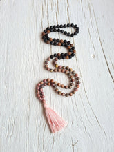 Load image into Gallery viewer, 108 Jasper, Rhodonite, Black and Brown Rudraksha, Lava Stone Yoga Mala. Meditation necklace. Yoga gifts for,Boho Style Necklace, Vegan mala.