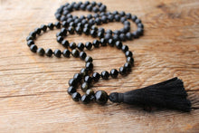 Load image into Gallery viewer, 108 Mala Black Golden Obsidian, Lava Stone Mala, Royal Obsidian, Cotton Tassel. Vegan Unisex Mala.
